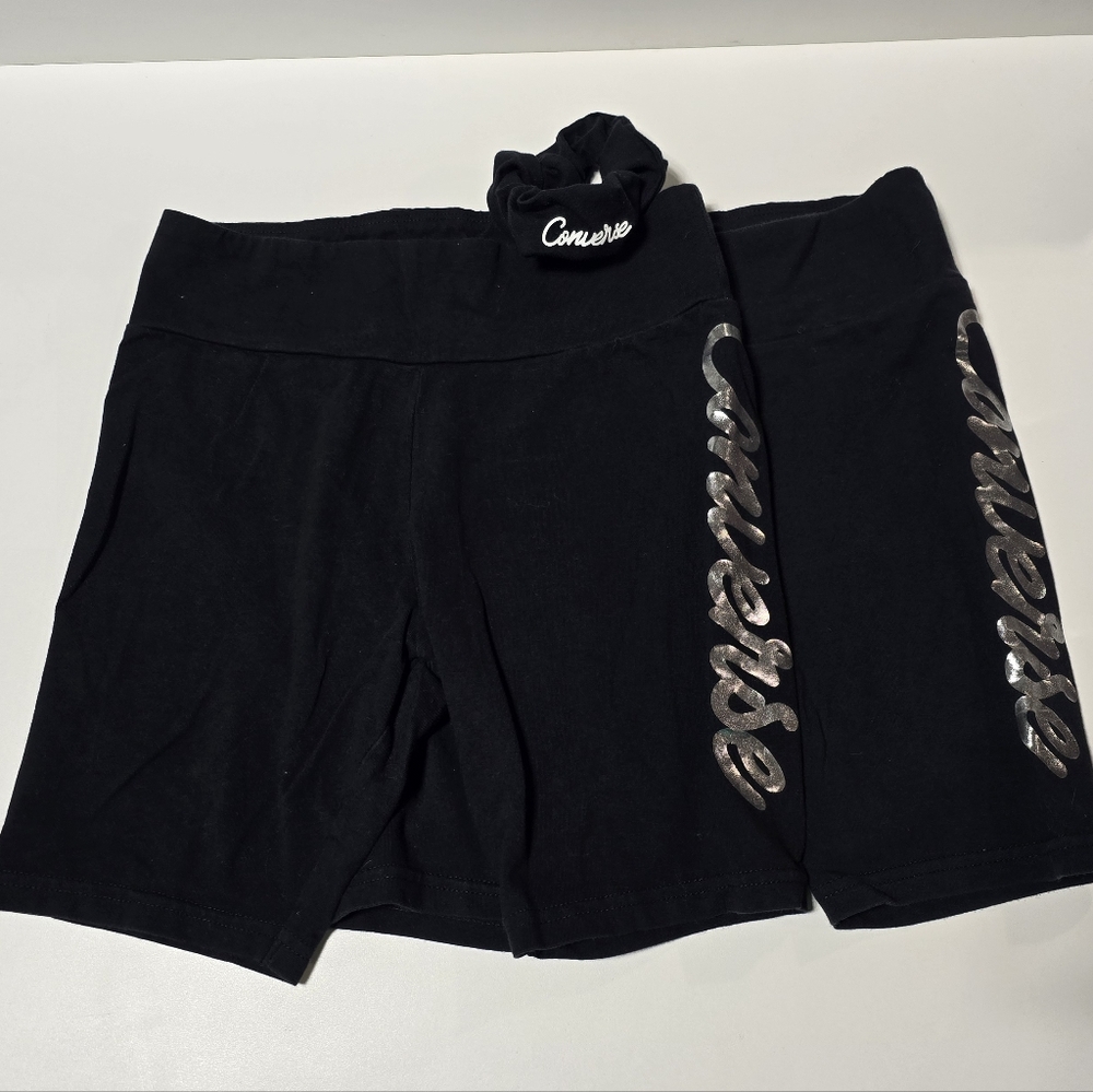 EUC 2 pair Converse L(12-13 yrs)  black biker/volleyball shorts with scrunchie